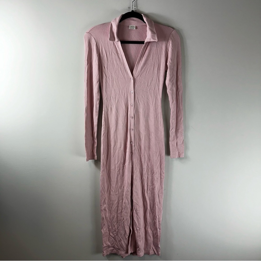 Aritzia Wilfred Pink Ribbed Long Sleeve Button Maxi Dress Women Size S